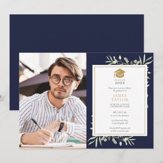 Foto van Elegant Greenery Navy Blue Gradution Part Kaart (Voorkant / Achterkant)