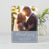 Foto van Elegant Hand Lettered Dusty Blue Wedding Bedankkaart (Staand voorkant)
