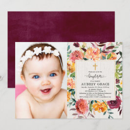 Foto van Elegant herfst floral burgundy baptisme Kaart