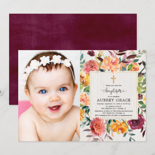 Foto van Elegant herfst floral burgundy baptisme Kaart