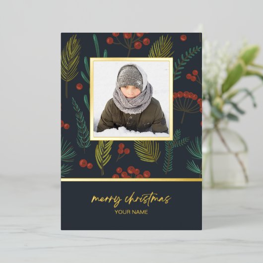 Foto van Elegant Kerstwinter Botanical Greenery Folie Feestdagenkaart (Staand Voorkant)