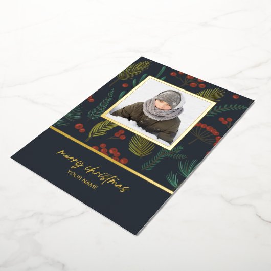 Foto van Elegant Kerstwinter Botanical Greenery Folie Feestdagenkaart (Gedraaid)
