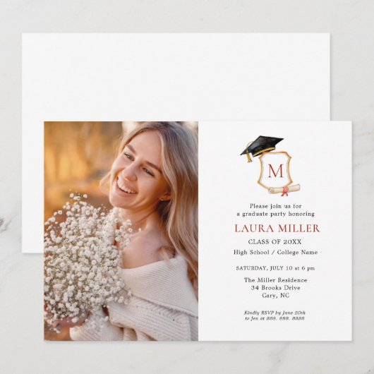 Foto van Elegant Monogrammed Afstuderen Kaart (Voorkant / Achterkant)