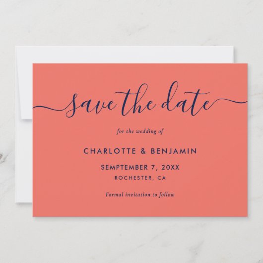 Foto van Elegant Navy Blue en Coral Wedding Aankondiging (Voorkant)