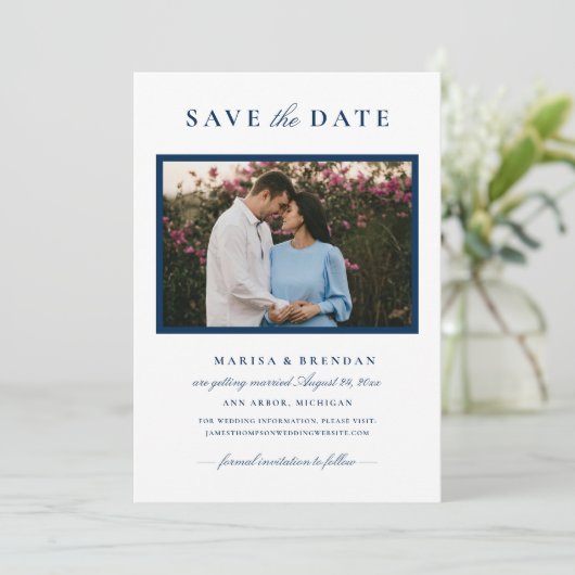 Foto van Elegant Navy Blue Wedding Save The Date (Staand voorkant)