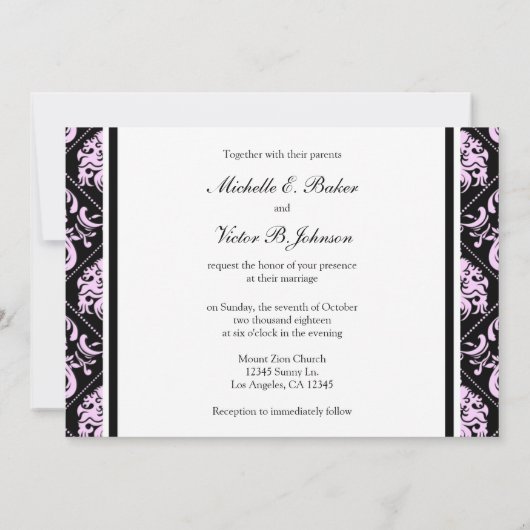 Foto van Elegant Pastel Pink en Black Damask Weddi Kaart (Achterkant)