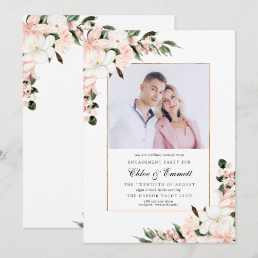 Foto van Elegant Pink Floral Engagement Party Kaart (Voorkant / Achterkant)