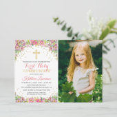 Foto van Elegant Pink Floral First Heilige Communa Kaart (Staand voorkant)