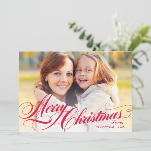 Foto van Elegant Red Merry-kerstscript Feestdagenkaart (Staand voorkant)