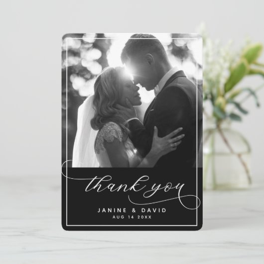 Foto van Elegant Script Black White Modern Wedding Bedankkaart (Staand voorkant)