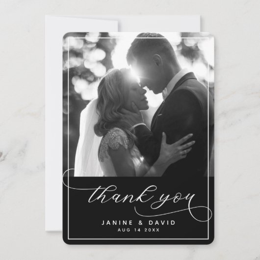 Foto van Elegant Script Black White Modern Wedding Bedankkaart (Voorkant)