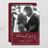 Foto van Elegant Script Burgundy Modern Wedding Bedankkaart (Voorkant / Achterkant)