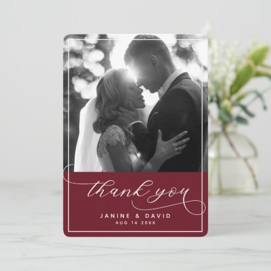Foto van Elegant Script Burgundy Modern Wedding Bedankkaart (Staand voorkant)