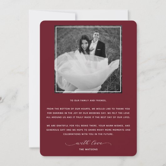 Foto van Elegant Script Burgundy Modern Wedding Bedankkaart (Achterkant)