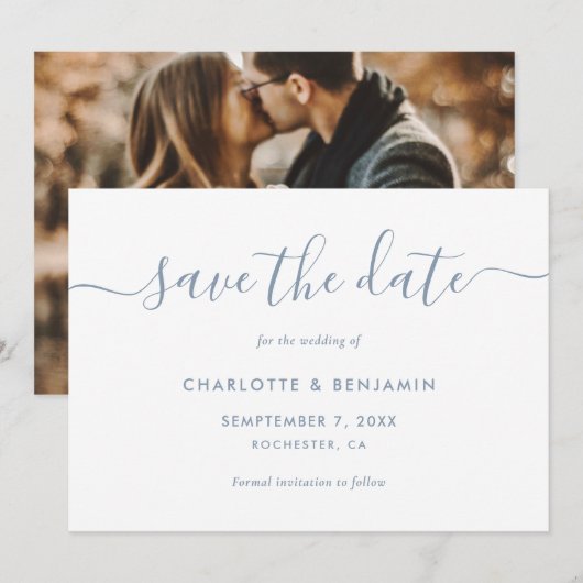 Foto van Elegant Script Dusty Blue Wedding Aankondiging (Voorkant / Achterkant)