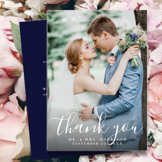 Foto van Elegant Script Modern Navy Blue Wedding Bedankkaart