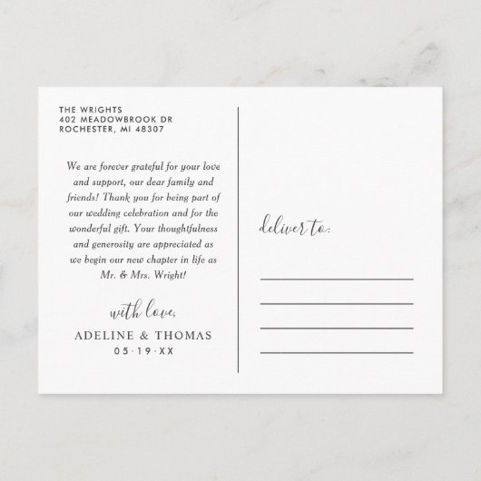 Foto van Elegant Script Monogram Weddenschap Bedan Briefkaart (Achterkant)