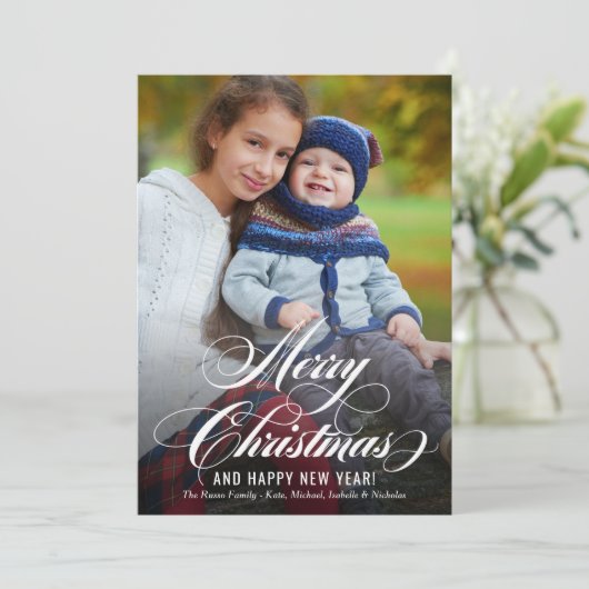 Foto van Elegant Silver Merry-kerstscript Feestdagenkaart (Staand voorkant)