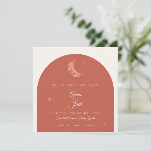 Foto van Elegant Terracotta Waterverf Moon en Star Save The Date (Staand voorkant)