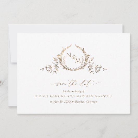 Foto van Elegant White en Gold Monogram Weddending Save The Date (Voorkant)