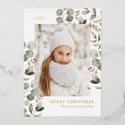 Foto van Elegant Winter Foliage en Holly Berries Folie Feestdagenkaart (Voorkant)