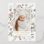 Foto van Elegant Winter Foliage en Holly Berries Folie Feestdagenkaart (Voorkant)