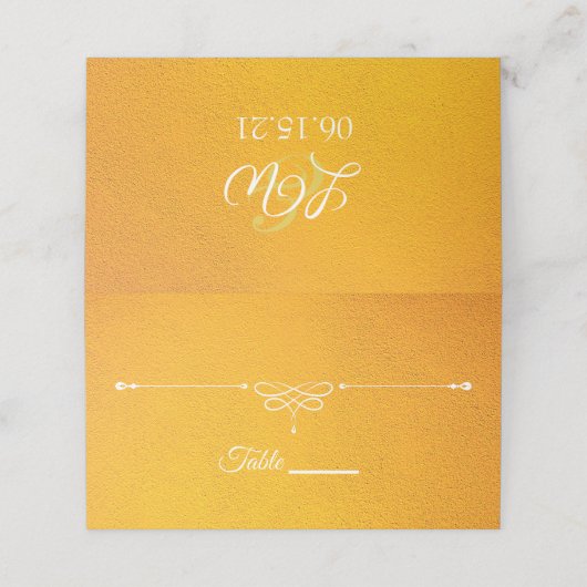 Foto van Elegant Yellow Textured Monogram Weddensc Plaatskaartje (Buitenkant ongevouwen)