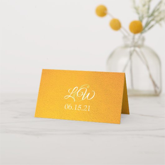 Foto van Elegant Yellow Textured Monogram Weddensc Plaatskaartje (Achterkant)