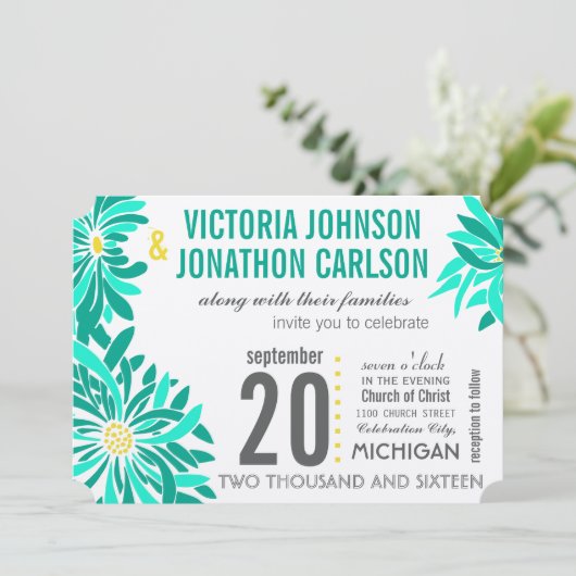 Foto van Emerald Yellow Mint Modern Floral Wedding Kaart (Staand voorkant)