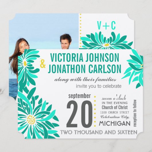 Foto van Emerald Yellow Mint Modern Floral Wedding Kaart (Voorkant / Achterkant)