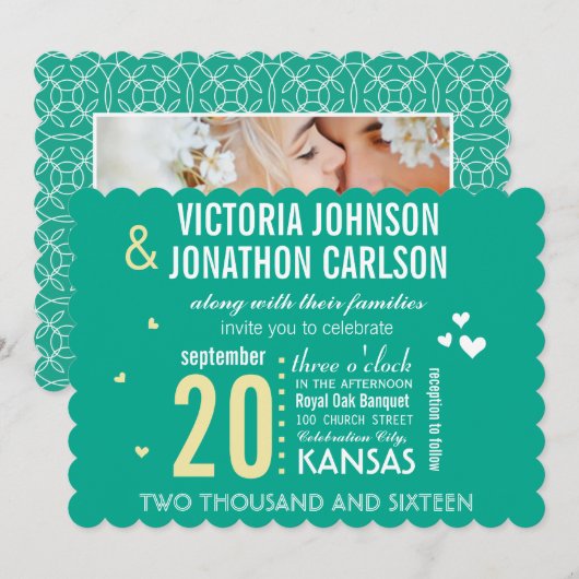 Foto van Emerald Yellow Modern Typography Wedding Kaart (Voorkant / Achterkant)