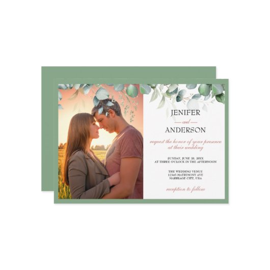 Foto van Eucalyptus Greenery Wedding Kaart (Voorkant / Achterkant in situ)