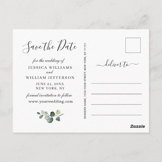 Foto van Eucalyptus Sunflower Wedding Save the Dat Briefkaart (Achterkant)