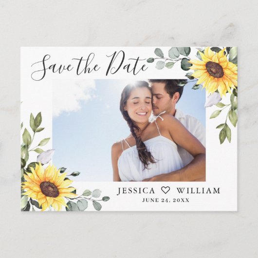 Foto van Eucalyptus Sunflower Wedding Save the Dat Briefkaart (Voorkant)