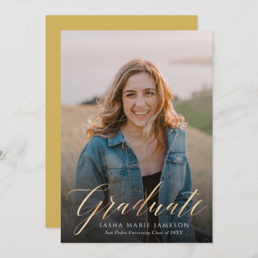 Foto van Faux Gold Calligraphy Afstuderen Kaart (Voorkant / Achterkant)