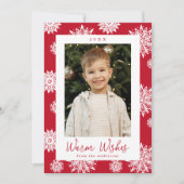 Foto van feestrode en witte sneeuwvlokken feestdagenkaart (Voorkant)