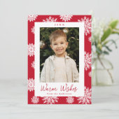 Foto van feestrode en witte sneeuwvlokken feestdagenkaart (Staand voorkant)