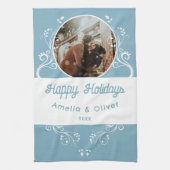 Foto van Festive Prettige feestdagen Foliage Blue  Theedoek (Verticaal)