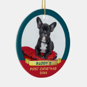 Foto van Festive Puppy 1e Kerstkerst Keramisch Ornament (Rechts)