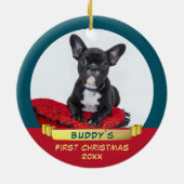 Foto van Festive Puppy 1e Kerstkerst Keramisch Ornament (Achterkant)