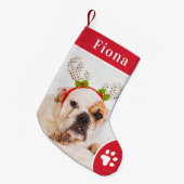 Foto van Festive Red Pet Paw Print Monogram Kleine Kerstsok (Voorkant (Hangend))