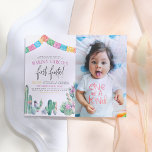 Foto van First Fiesta Cactus Cute Girl Birthday Briefkaart<br><div class="desc">Er is geen tijd voor siesta! Het is de eerste fiësta van het verjaardagsmeisje. Aan de linkerkant van deze schattige Mexicaanse verjaardagsuitnodiging is er een kleurrijke papel picado bunting en een waterverf illustratie van cactus, succulenten en bloemen met je evenementendetails in het midden met "first fiesta" in moderne, handgeschreven kalligrafie....</div>