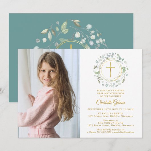 Foto van First Heilige Commune Greenery Gold Cross Kaart (Voorkant / Achterkant)