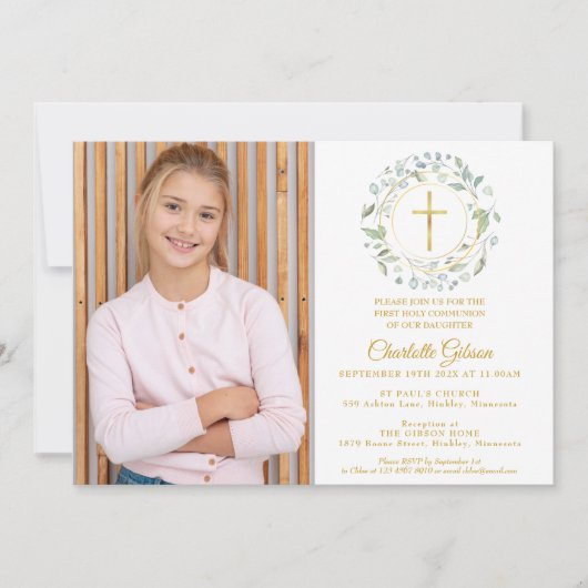 Foto van First Heilige Commune Greenery Gold Cross Kaart (Voorkant)