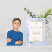 Foto van First Heilige Communion Blue Greenery Bedankkaart (Staand voorkant)