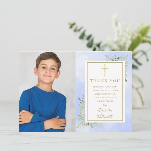 Foto van First Heilige Communion Blue Greenery Bedankkaart (Staand voorkant)