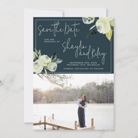 Foto van Floral Midnight Blue Save The Date (Voorkant)