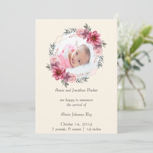 Foto van Floral Newborn Birth Announement Kaart (Staand voorkant)