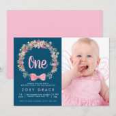 Foto van Floral Wreath & Bow Girl's 1e verjaardag Kaart (Voorkant / Achterkant)