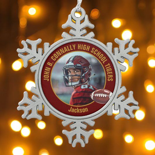 Foto van footballspeler op Maroon Gold High School Tin Sneeuwvlok Ornament